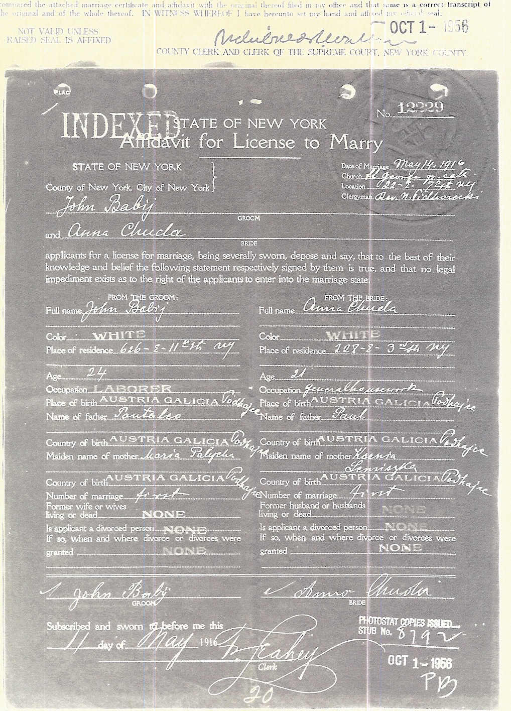 Marriage License - Anna Chuda and John (Ivan) Babij